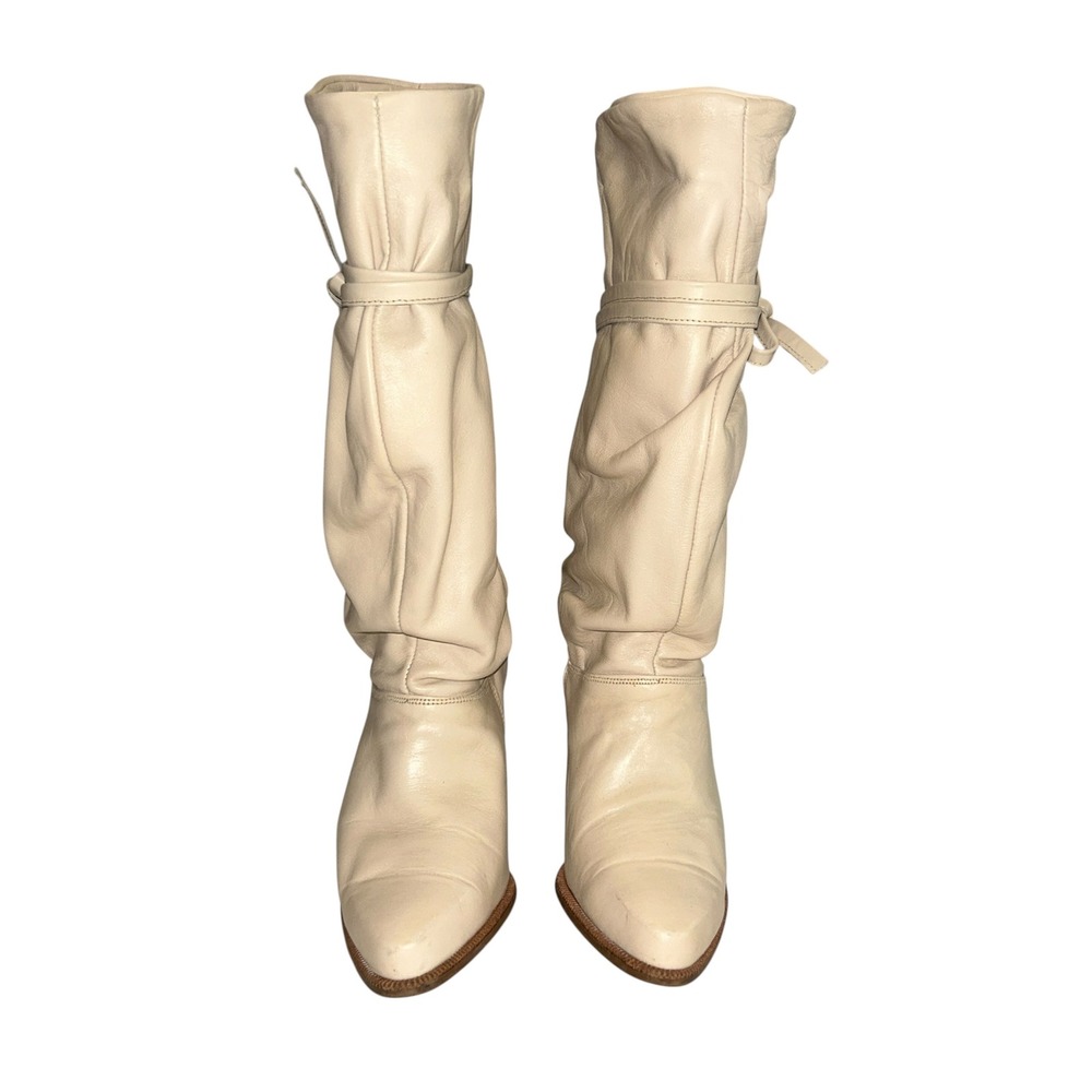 Dingo Vintage Cream Leather Slouch Boots Bow Tie Stacked Heel Pointed Toe Size 9 - Picture 3 of 12